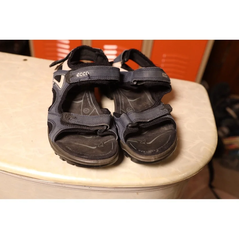 ECCO Mens Sport Sandals Navy Blue Black Leather Hiking Trail Shoes 39 US‎ 8-8.5